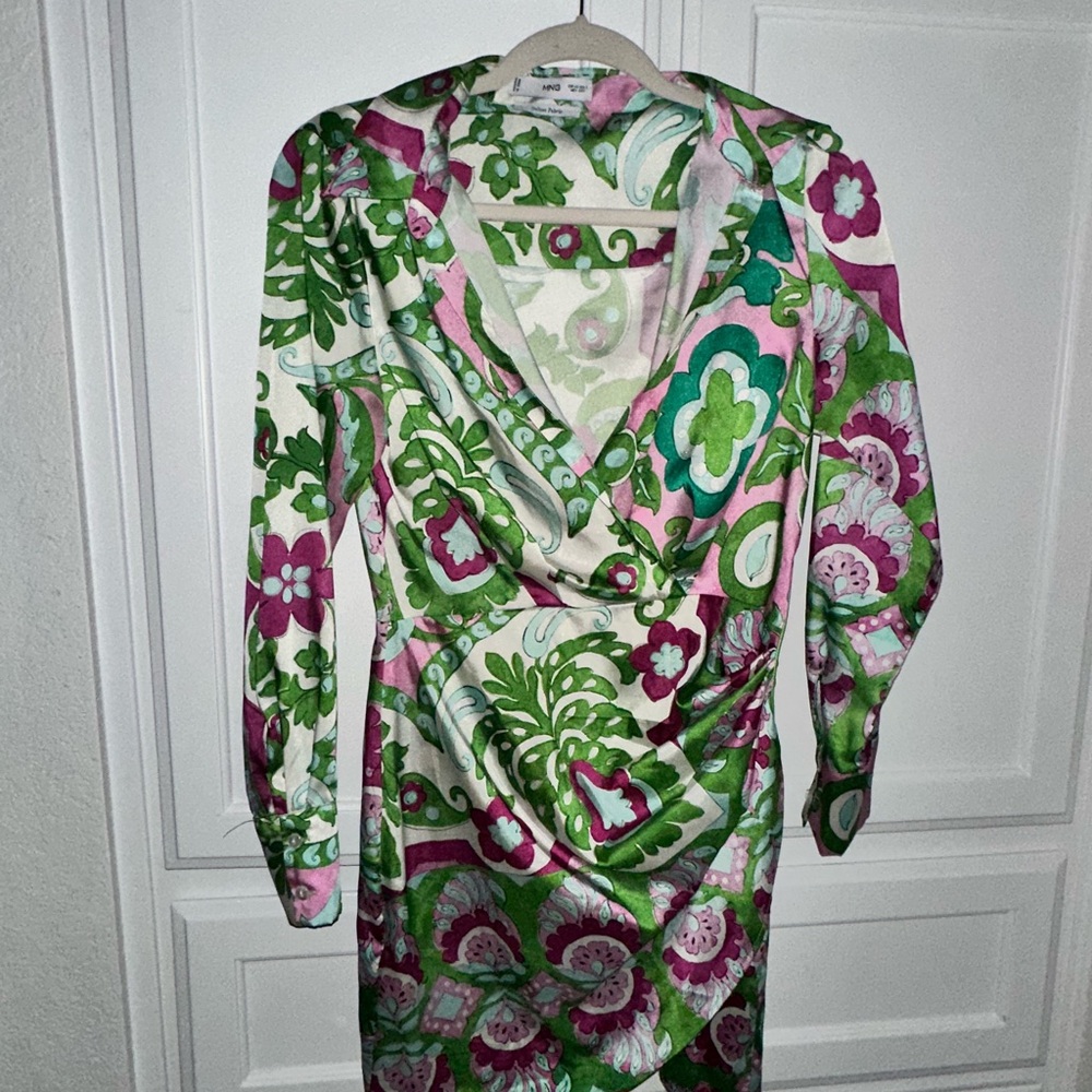 Mango Pink, Green & White Long Sleeve Wrap Dress